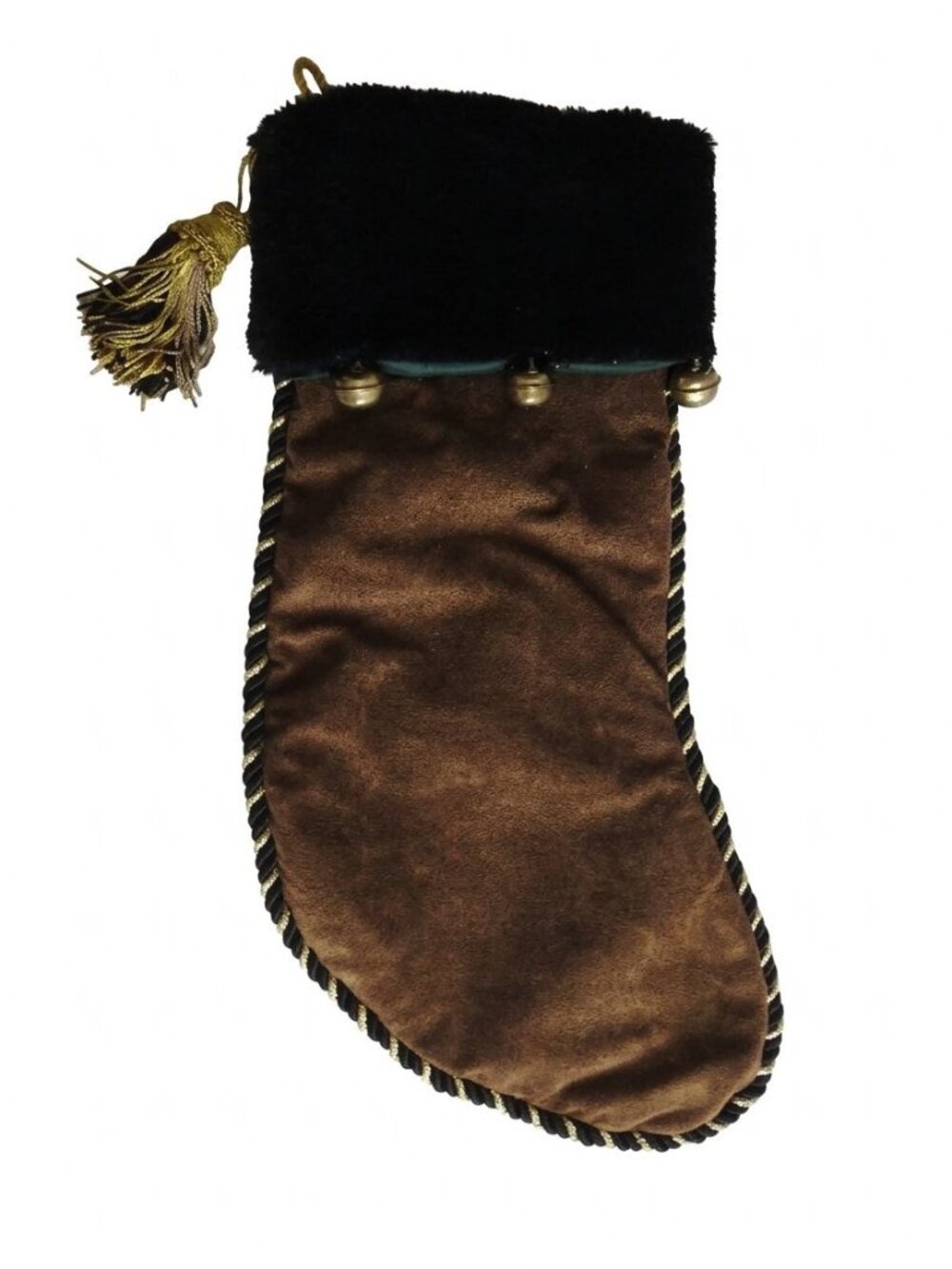 Vintage Victorian Brown Faux Suede Christmas Stocking Jingle Bells Tassel 10x20